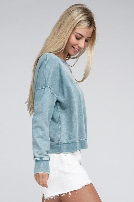 French Terry Acid Wash Boat Neck Pullover